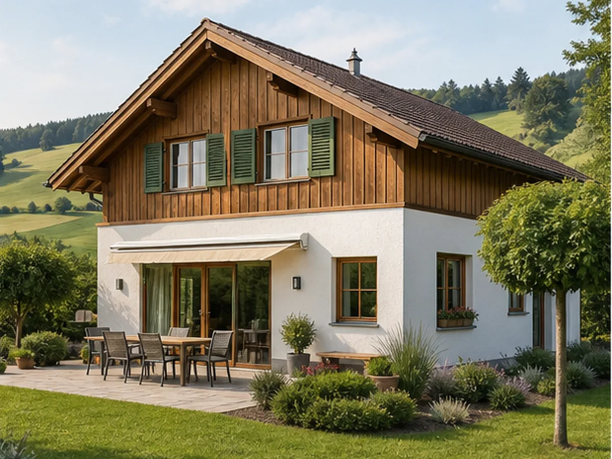 Wohnhaus mit Terrasse und Garten in grüner Umgebung