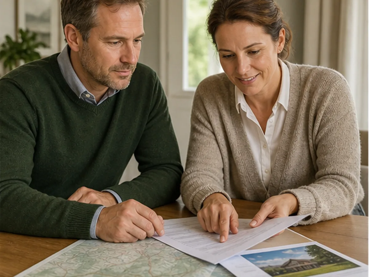 Personen besprechen regionale Karte und Immobilienunterlagen